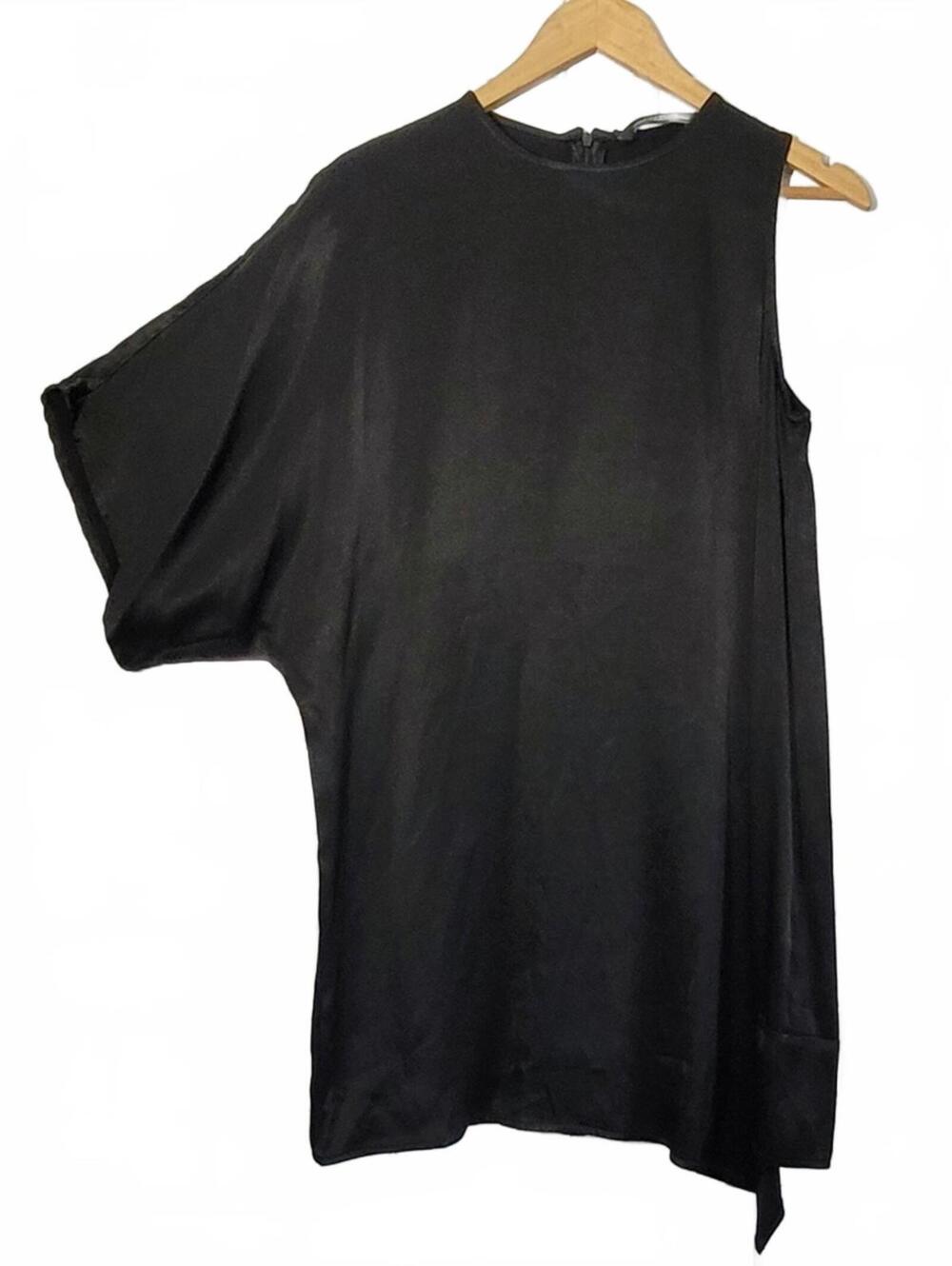 ZARA WOMAN The Asymmetrical Dress Black Satin Like Fabric One Sleeve Asymmetrica